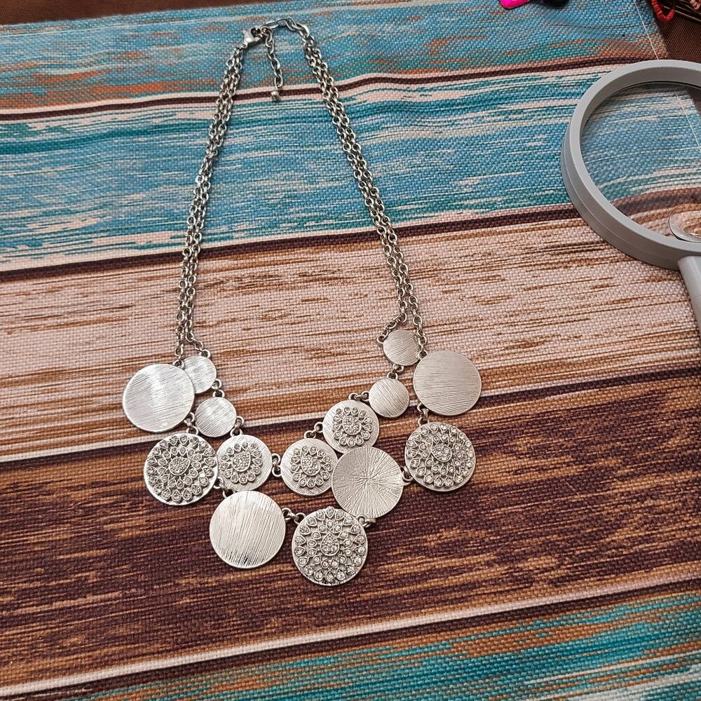 Statement Necklace 2-Strand Silver Rhinestone Dis… - image 1